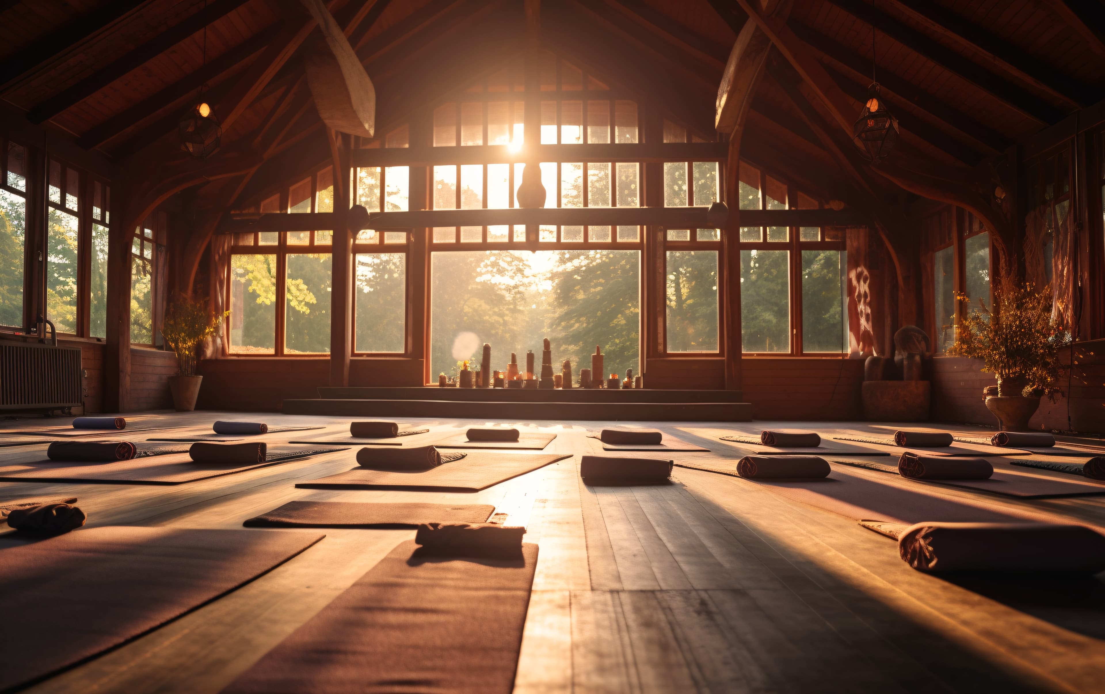 Beautiful yoga studio with meditation cushions and large windows