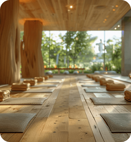 Meditation workshop with golden sunlight streaming through windows